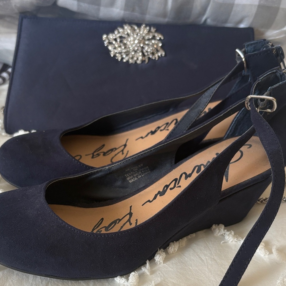 Elegant Navy Wedge Shoes matching bag uses one time for a wedding